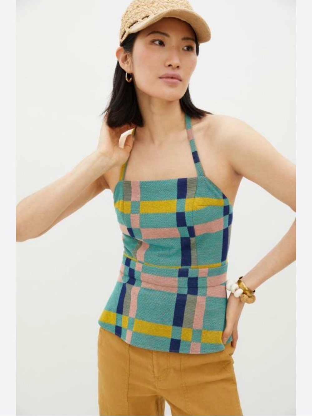 Eva Franco Anthropologie modern plaid halter top shirt women s small